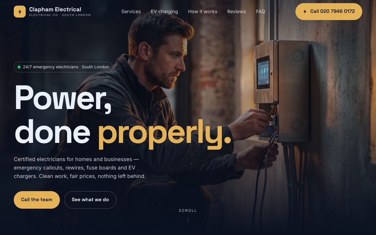 Home page of the Clapham Electrical Co. concept site