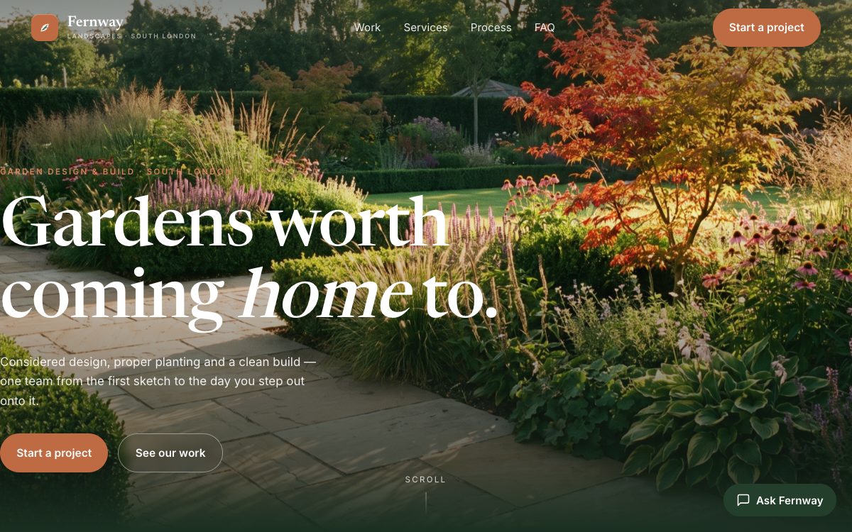 Home page of the Fernway Landscapes concept site
