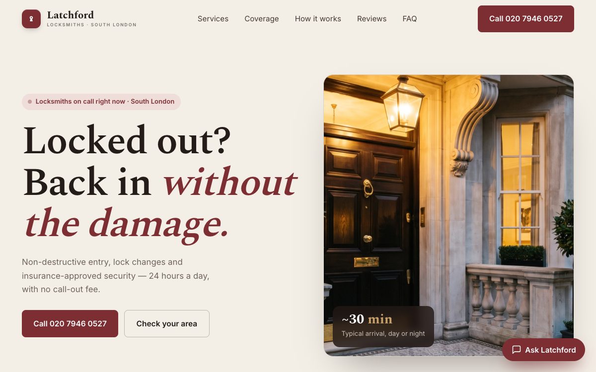 Home page of the Latchford Locksmiths concept site