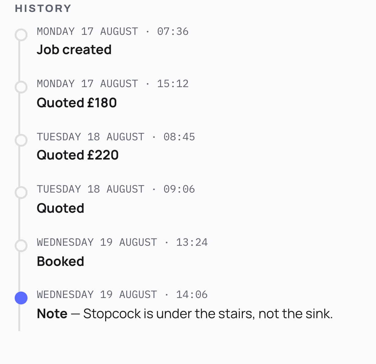 A job history: a quote of £180 still visible above a later quote of £220, then booked